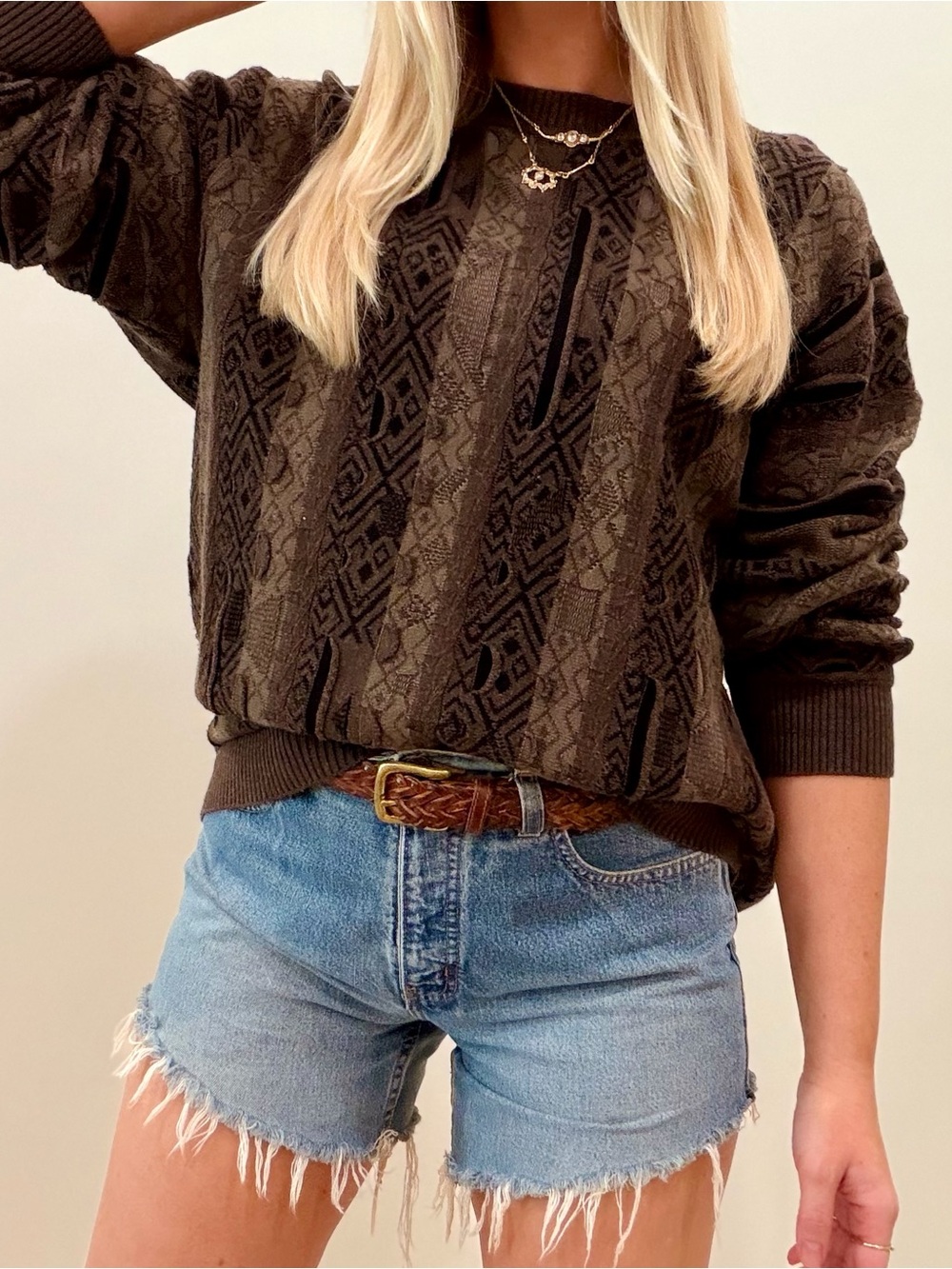 Vintage 90’s Coogi Style Abstract Textured Patterned Crewneck Sweater in Brown